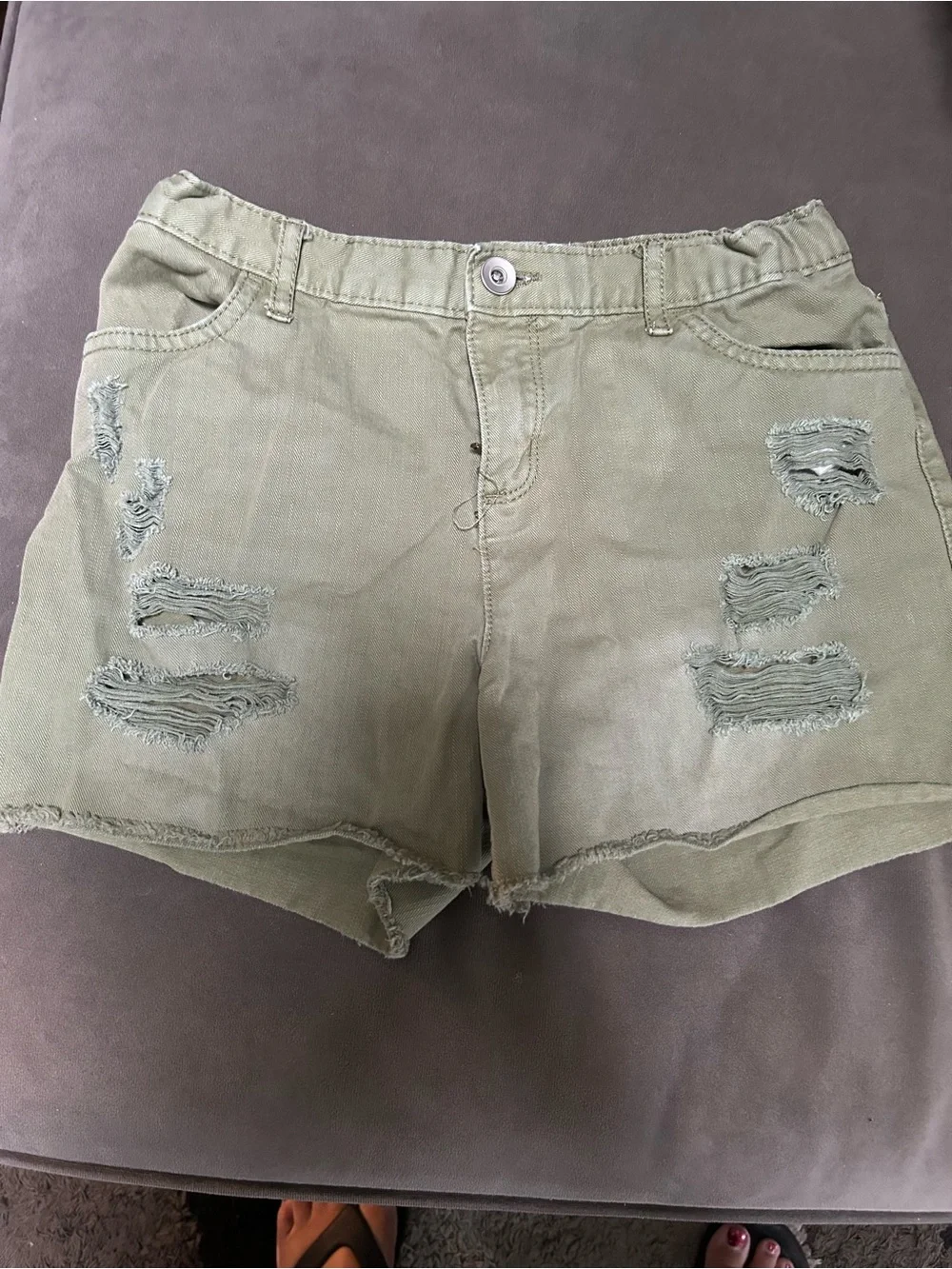 Girls Olive Distressed Jean Shorts